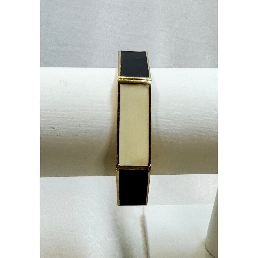 Vintage Black White Enamel Hinged Bangle Bracelet Gold Tone Geometric 1/2" B088 - Picture 2 of 4